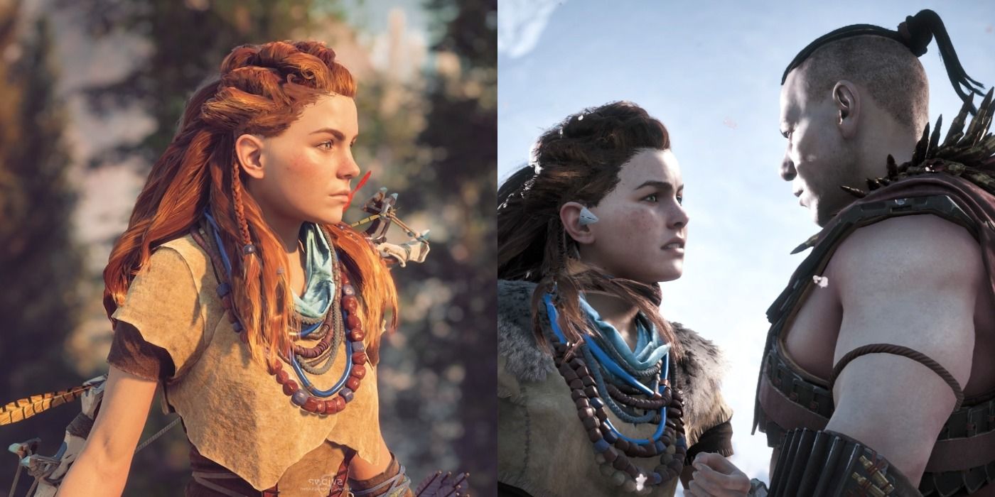 A split image showing Aloy standing alone and Aloy looking angrily at Helis in Horizon Zero Dawn.