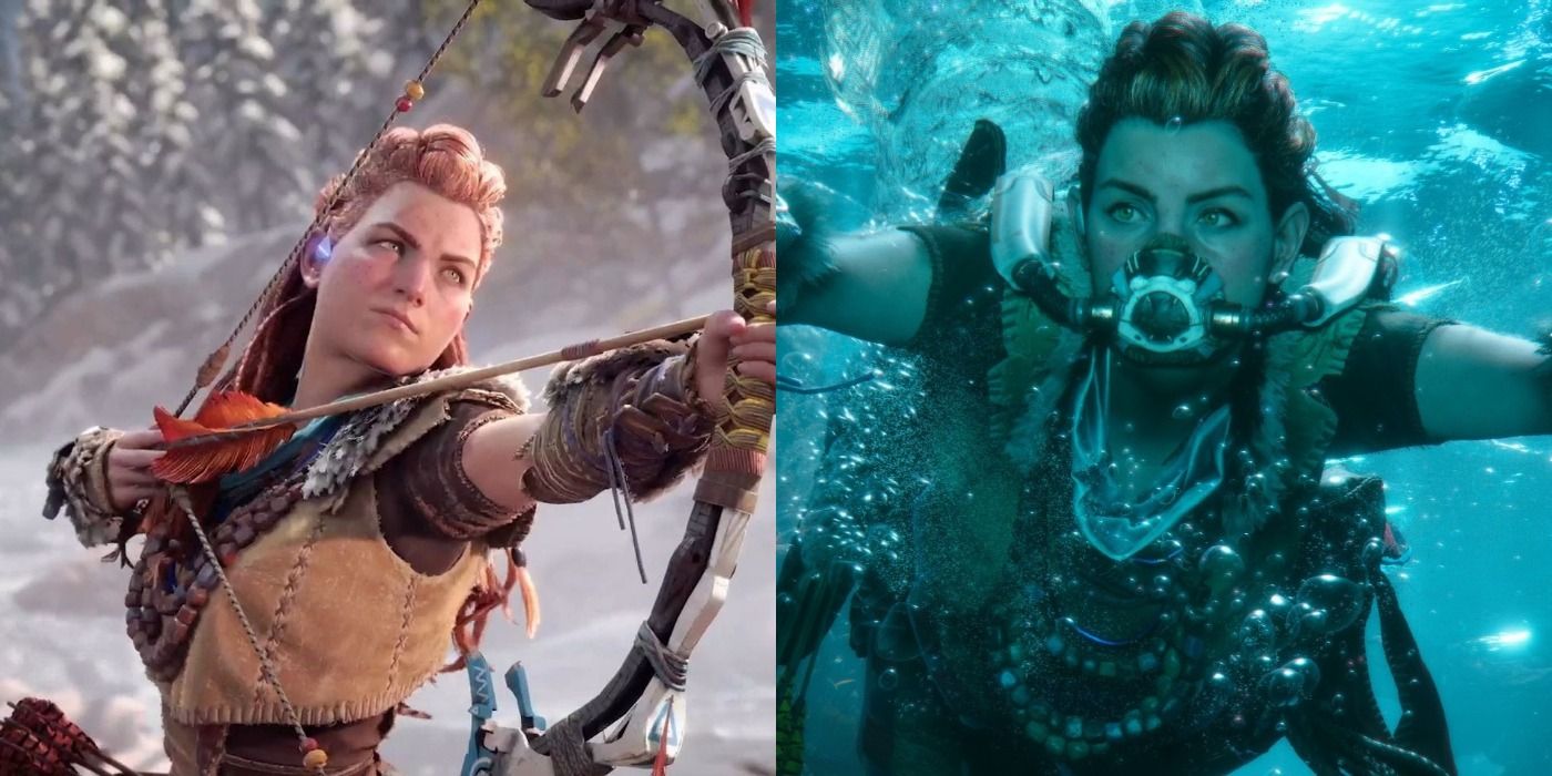 A split image showing Aloy aiming a bow and arrow and swimming underwater in Horizon Forbidden West.