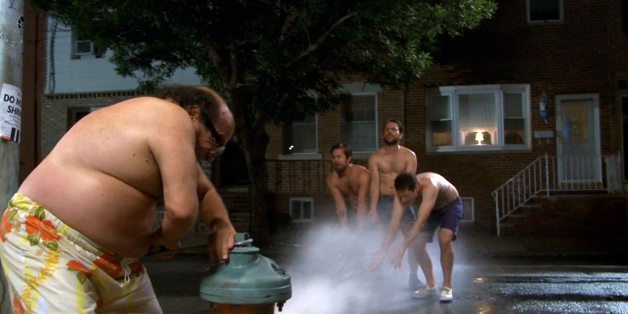 The gang plays in fire hydrant water in It's Always Sunny in Philadelphia.