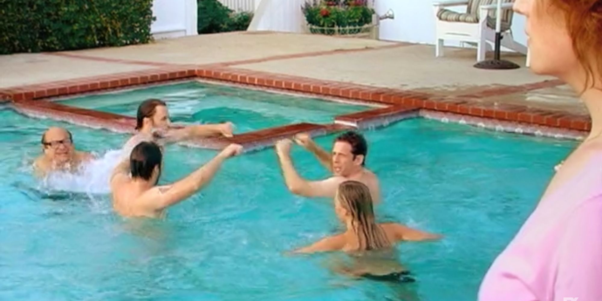 The gang enjoys a rich couple's swimming pool in It's Always Sunny in Philadelphia.