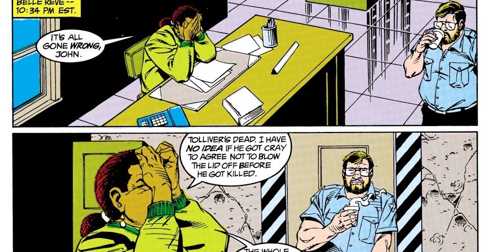 Amanda Waller holding her head and sitting on a desk in a panel from Suicide Squad comics