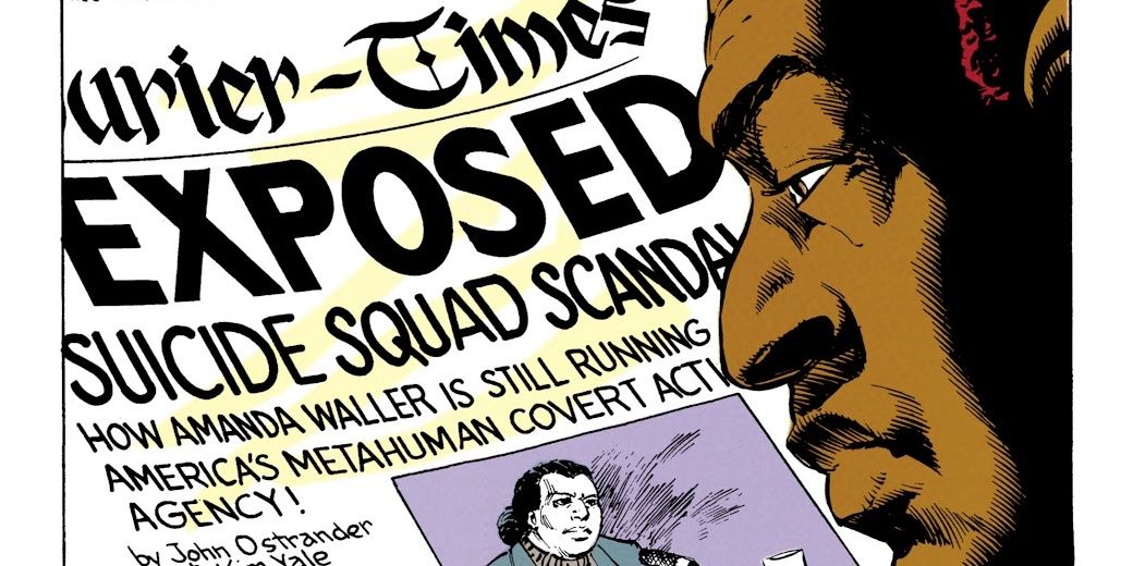 Amanda Waller reading a newspaper on the cover of a Suicde Squad comic