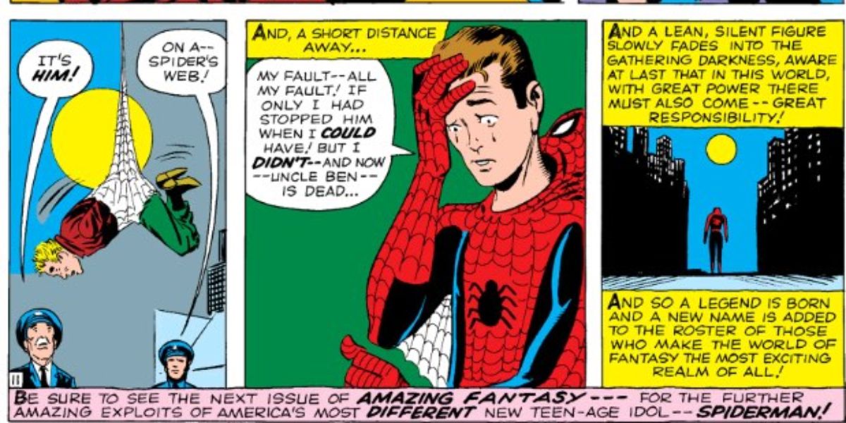Three panels showing Spider-Man walking into the night in Marvel Comics.