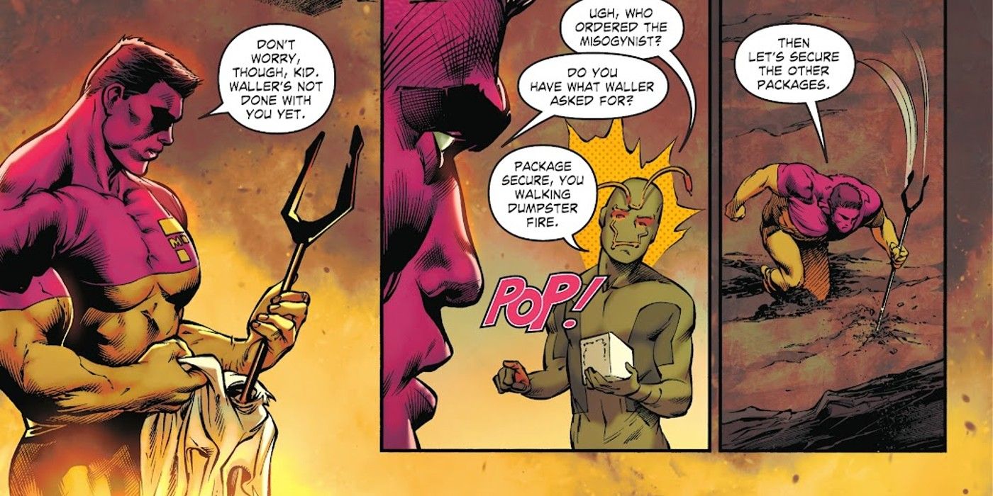 Ambush Bug mocks and insults Major Force during the Suicide Squads mission to Hell