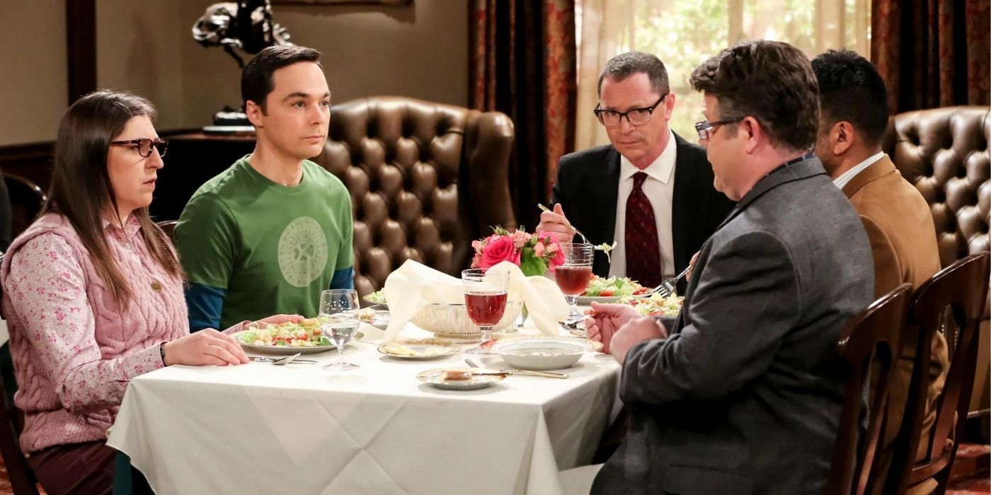 Amy and Sheldon have lunch with President Seibert and two scientists on TBBT