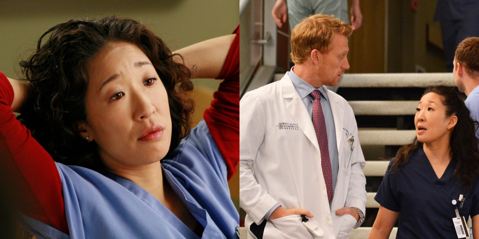 An image of Cristina relaxing with her arms behind her head and her walking with Owen in Grey&rsquo;s Anatomy