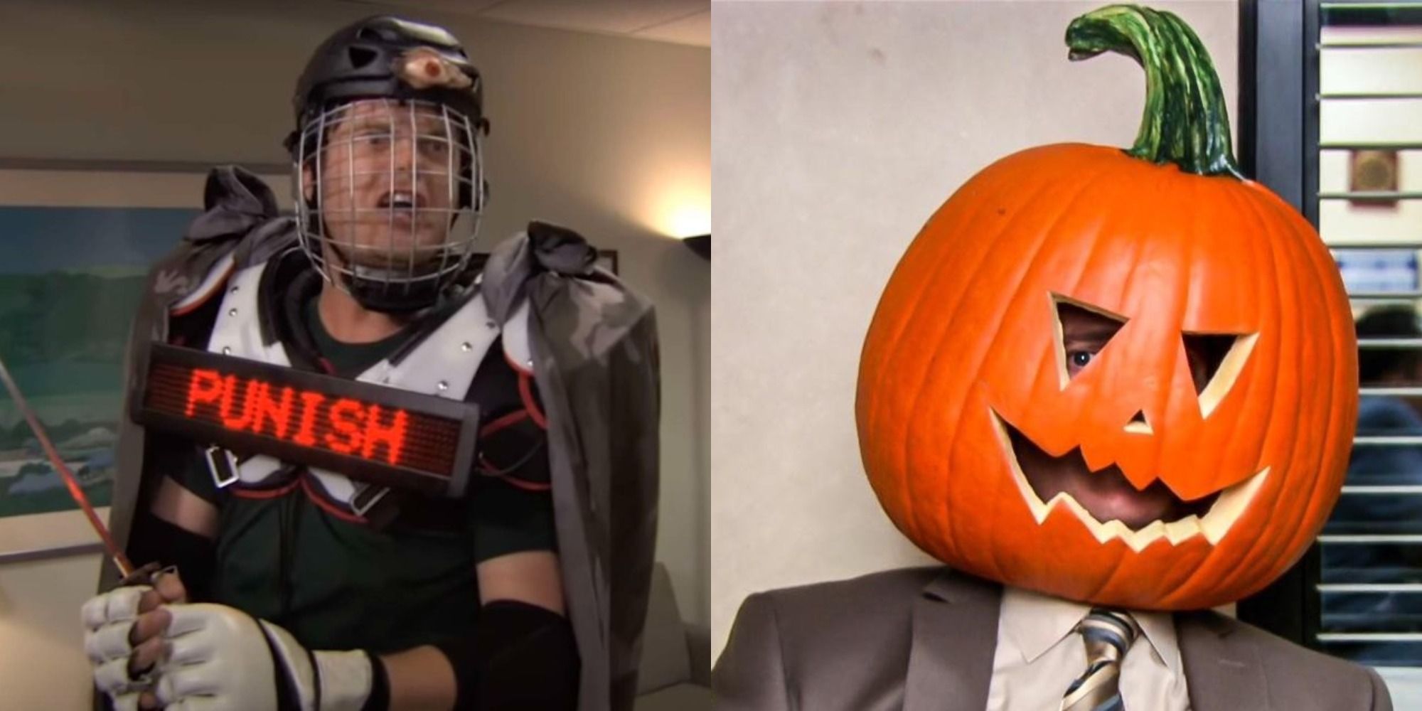 An image of Dwight dressed as Recyclops and with a pumpkin on his head in The Office