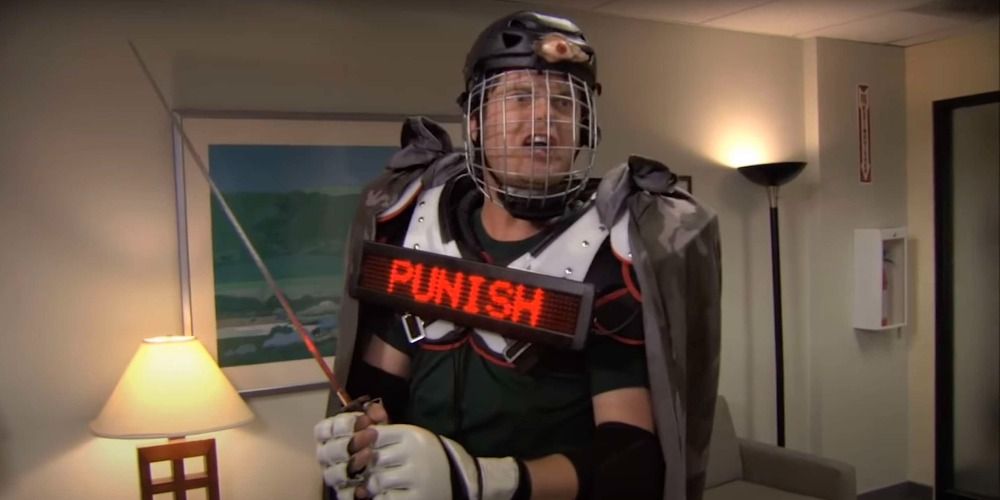 An image of Dwight dressed as Recyclops in The Office