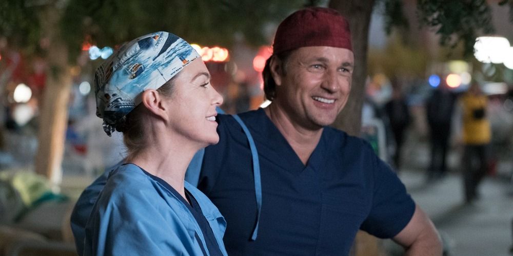 An image of Meredith and Nathan laughing in Grey&rsquo;s Anatomy