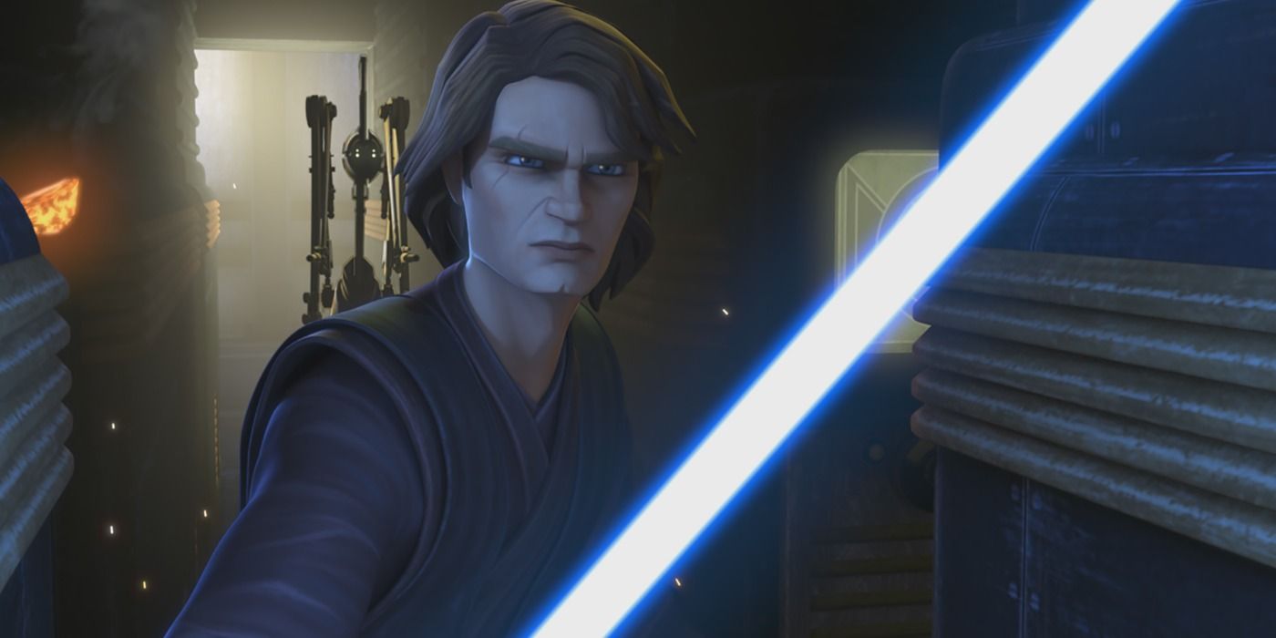Anaking his ignited blue lightsaber in Clone Wars season 7
