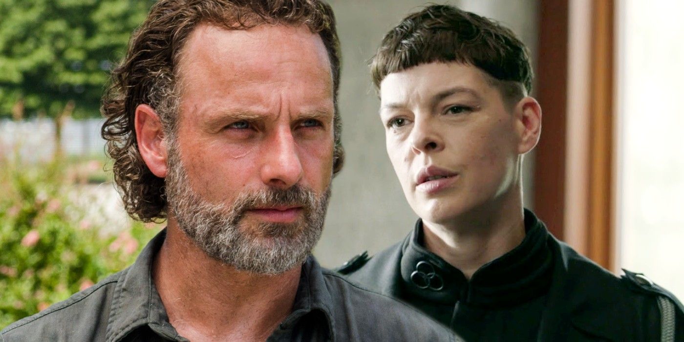 Andrew Lincoln as Rick Grimes and Pollyanna McIntosh as Jadis in Walking Dead World Beyond