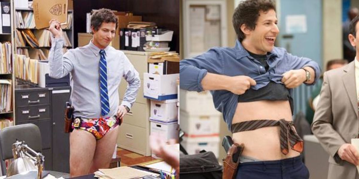Split image of Jake wearing a shirt and a speedo and wearing a tie around his stomach in Brooklyn Nine-Nine