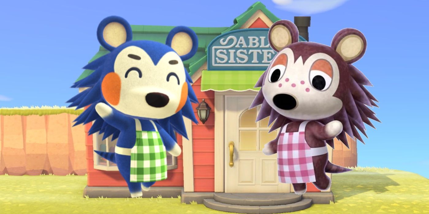 Mabel e Sable na frente de The Able Sisters em Animal Crossing New Horizons