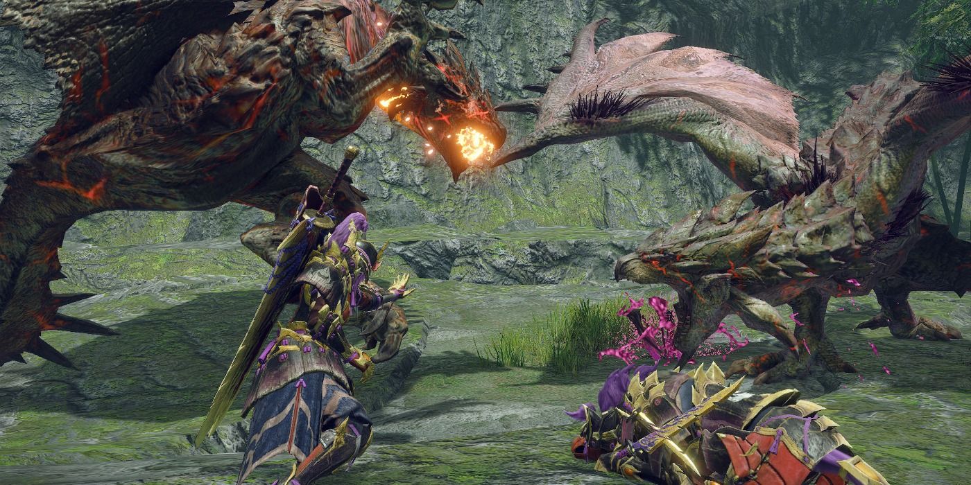 A hunter and Palamute overlooking an Apex Rathalos and Rathian Turf War