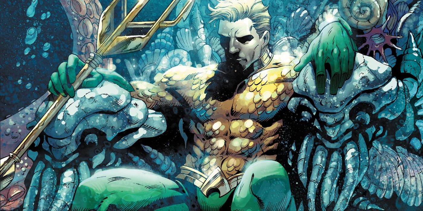 Aquaman sitting on his throne underwater and holding his trident