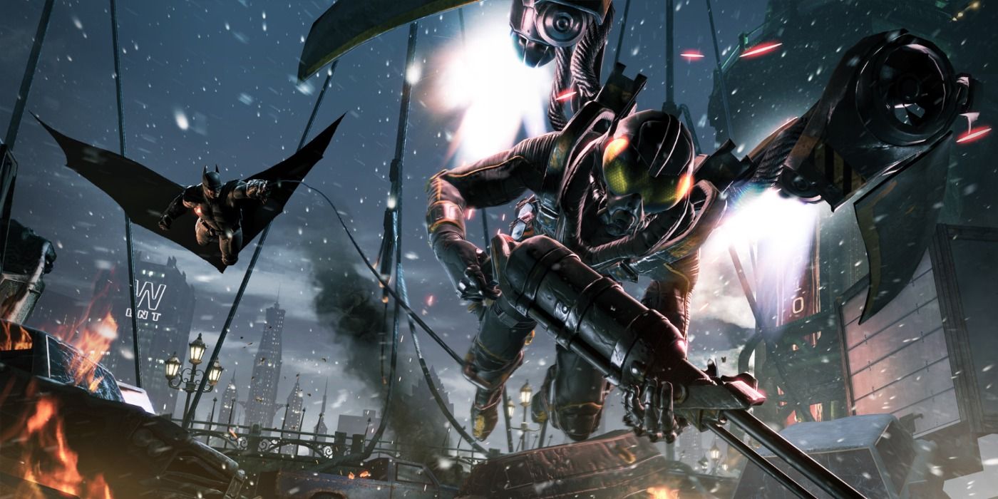 Batman chases a flying Firefly through the city in Batman: Arkham: Origins.