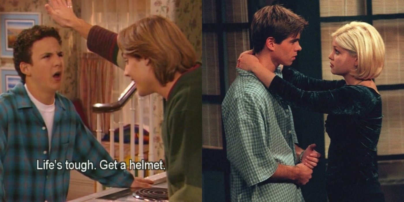 As split image of Cory and Eric and Jack and a woman on Boy Meets World