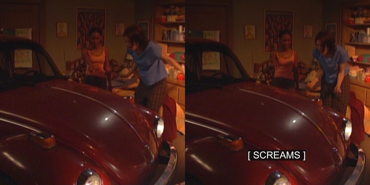 As split image of Rachel and Angela finding a car in the dorm room on Boy Meets World