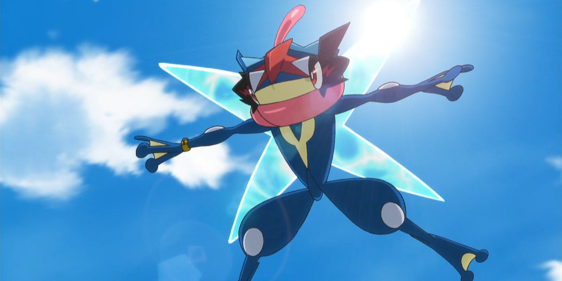 Ash-Greninja jumps and prepares to attack in the Pokemon anime