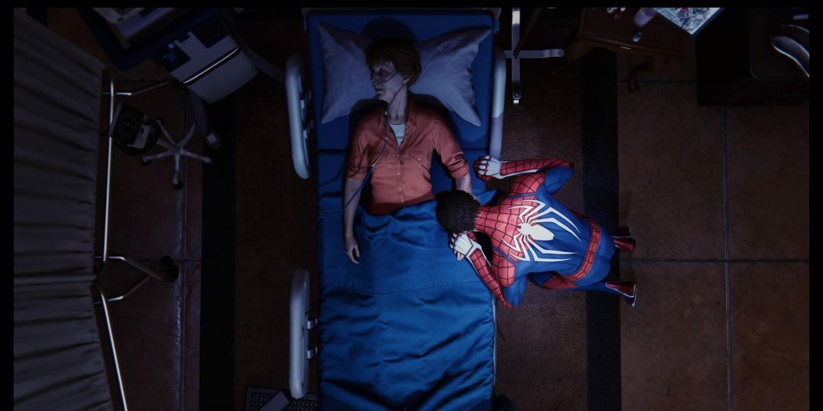 Spider-Man mourns the loss of his Aunt May in Spider-Man PS4.