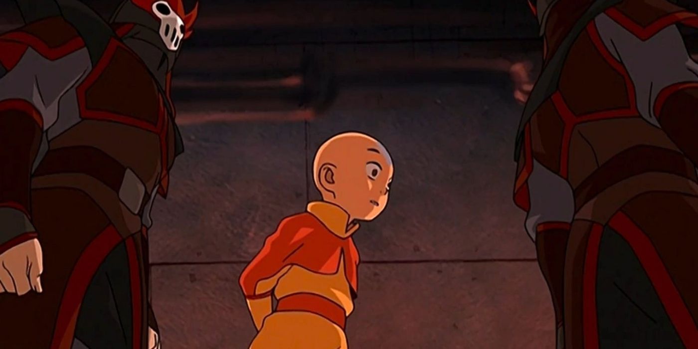 Aang walking between two guards aboard Zuko's ship in ATLA