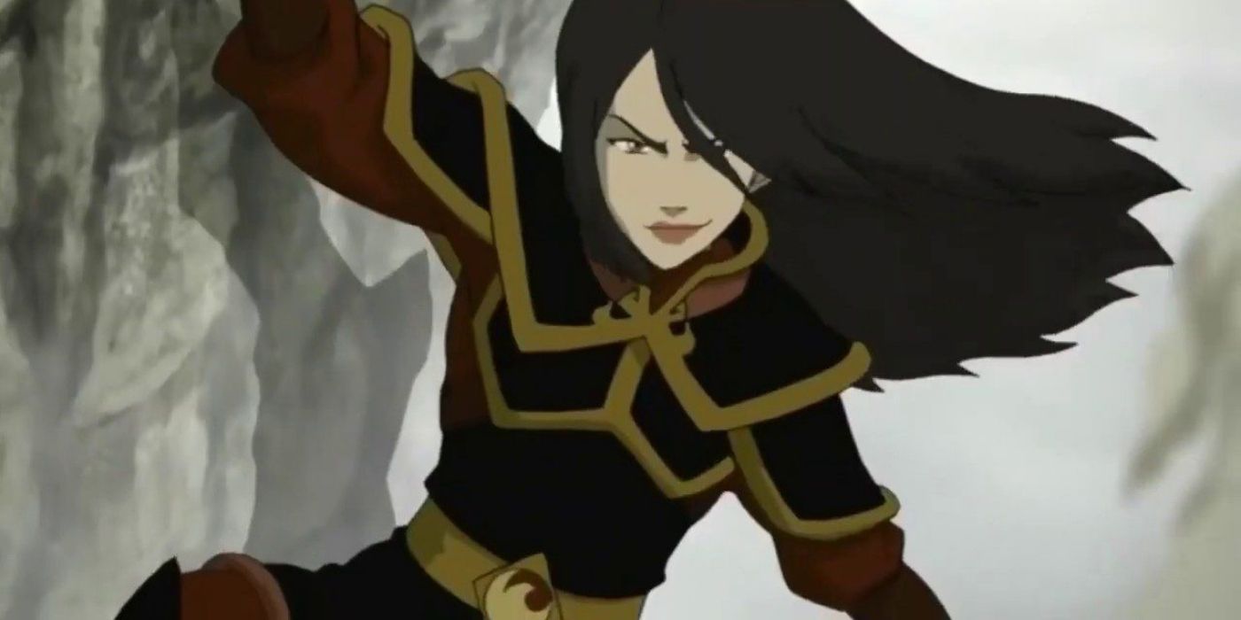 Azula hanging from a mountain side and smiling in Avatar The Last Airbender