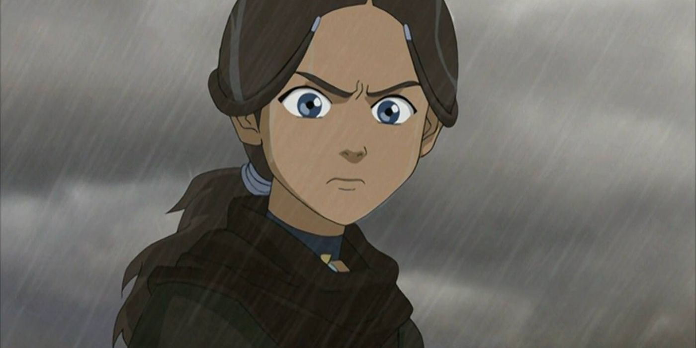Katara looking angry under the rain in ATLA