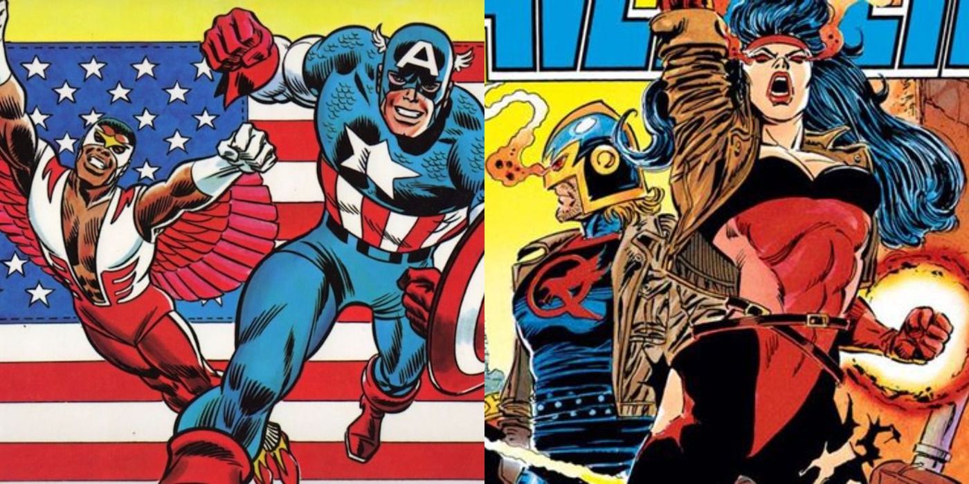 Split image of Captain America and Falcon and Sersi and Black Knight from Marvel Comics.