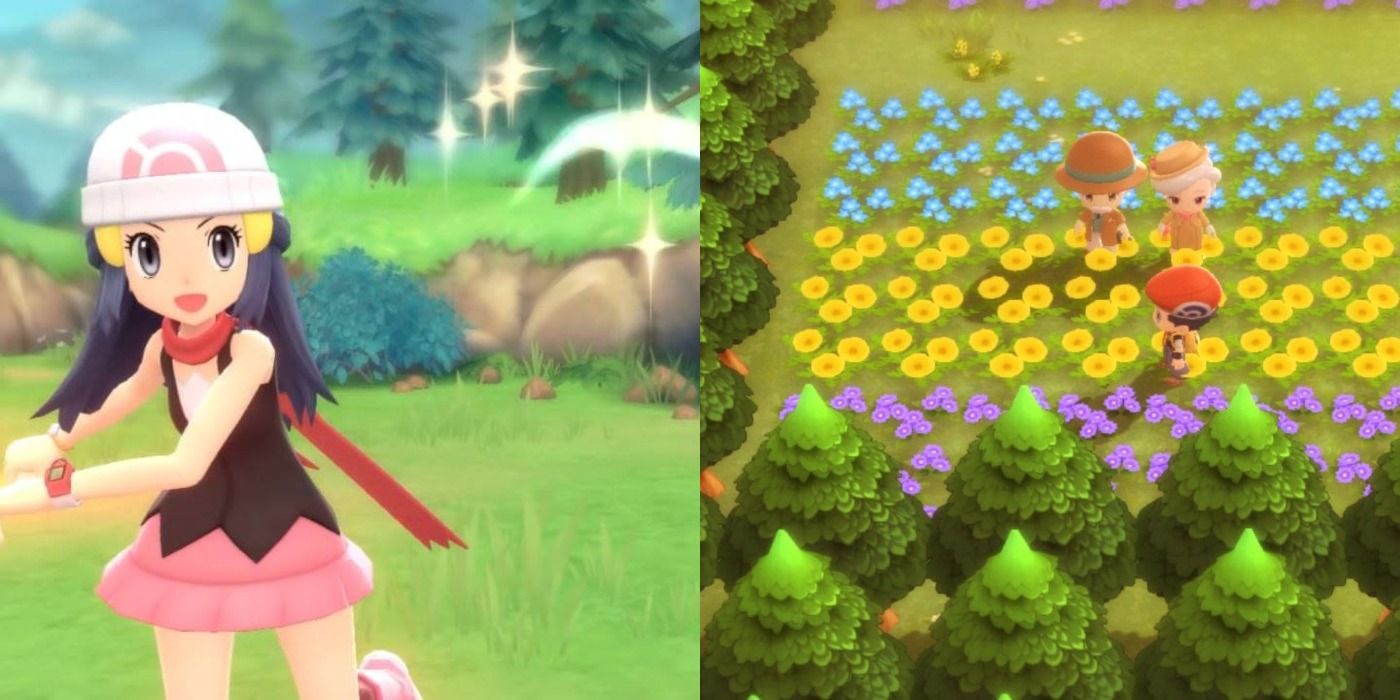 Split image of Dawn throwing a Pokéball and Lucas walking through flowers in Pokemon's Floaroma Town