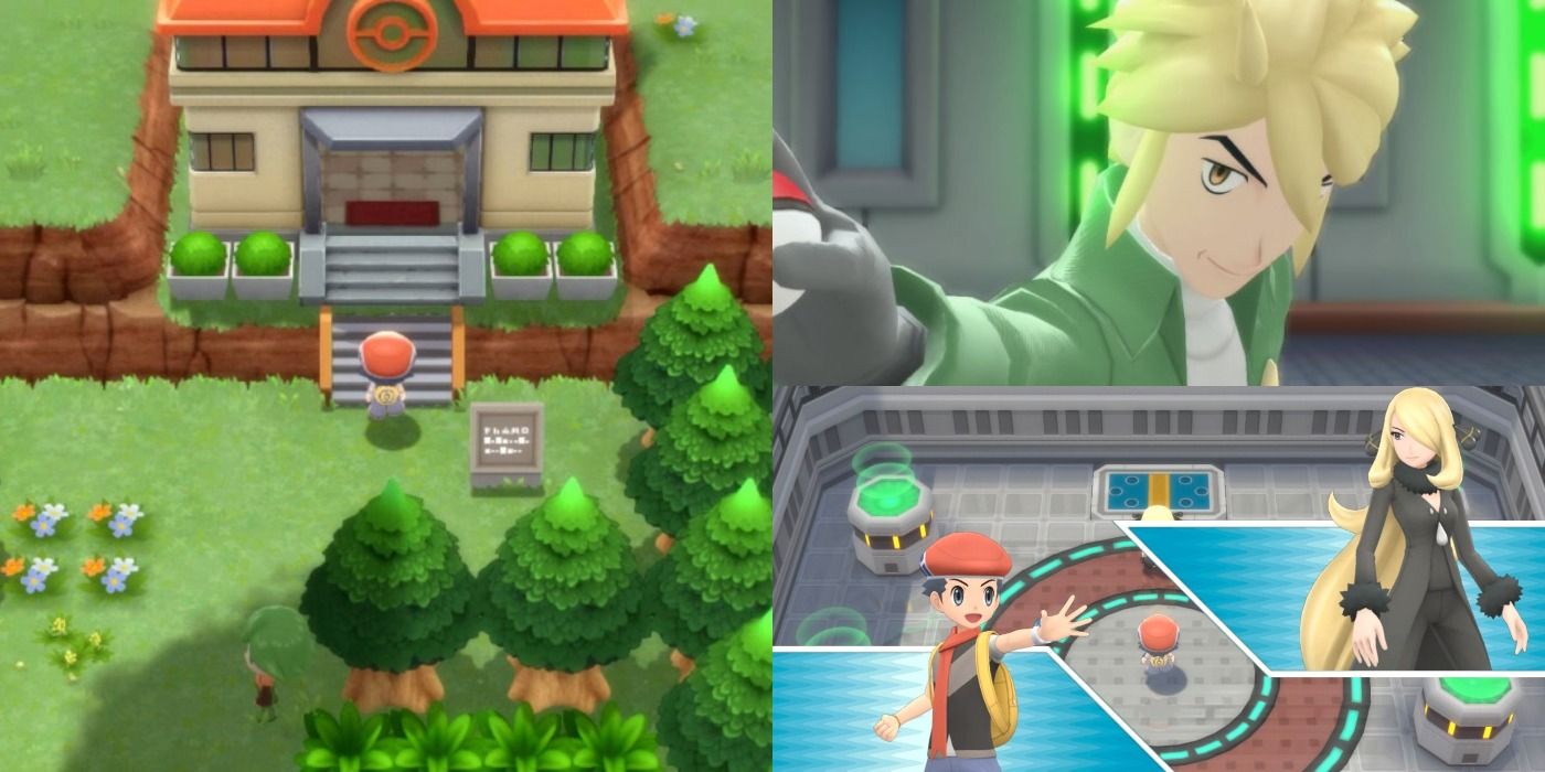 Split image of the Ramanas Park entrance, Palmer the Battle Tower Tycoon, and Lucas battling Champion Cynthia in Pokemon