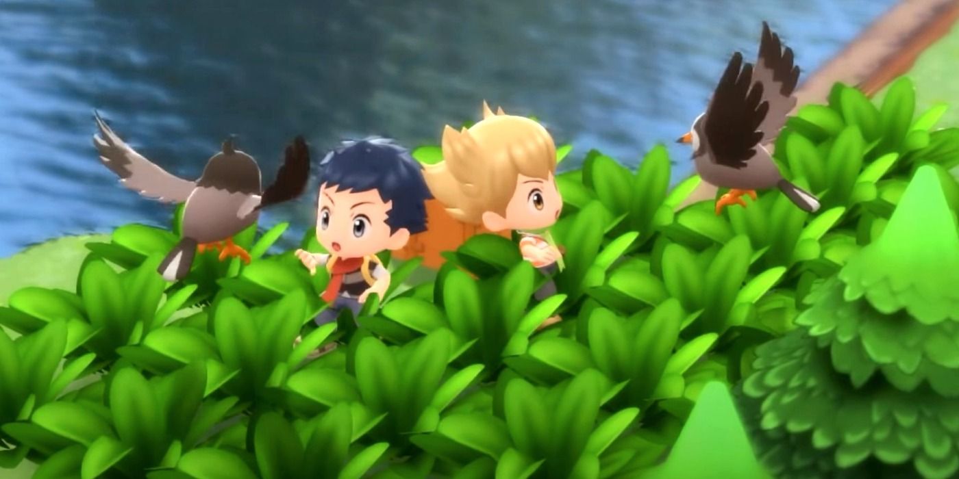 Lucas and Barry being attacked by a pair of Starly in Pokemon BDSP