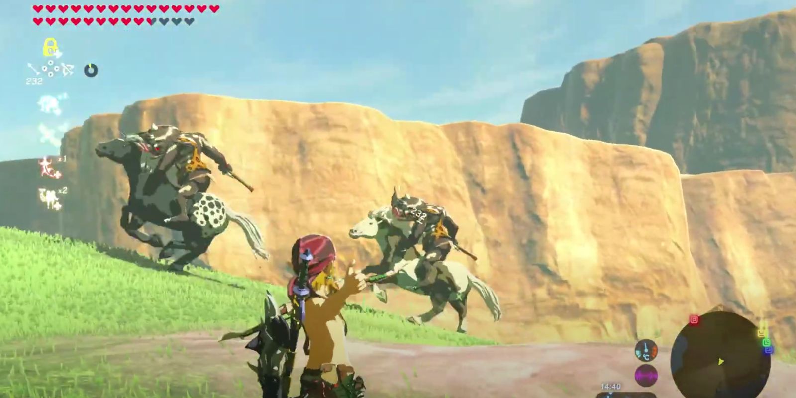 Link takes on some Bokoblins on horseback.