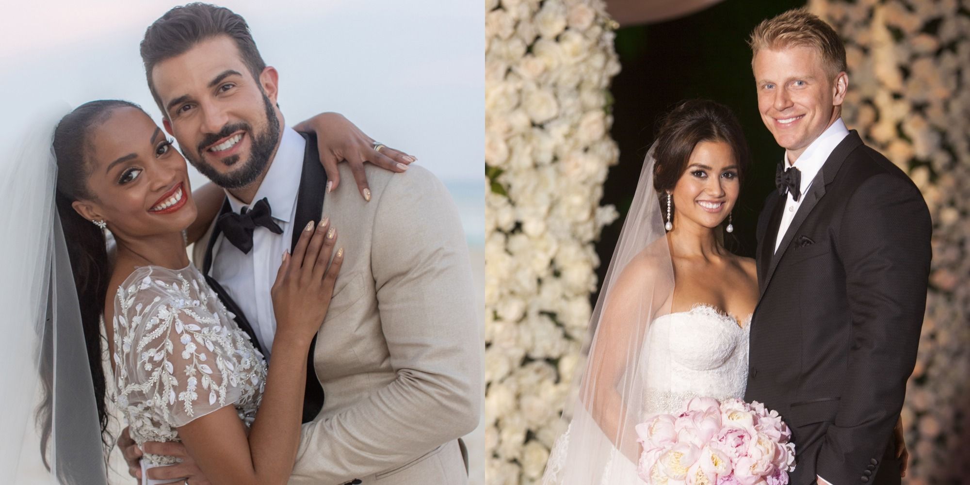 Split image showing the weddings of Rachel and Bryan and Sean and Catherine from Bachelor Nation