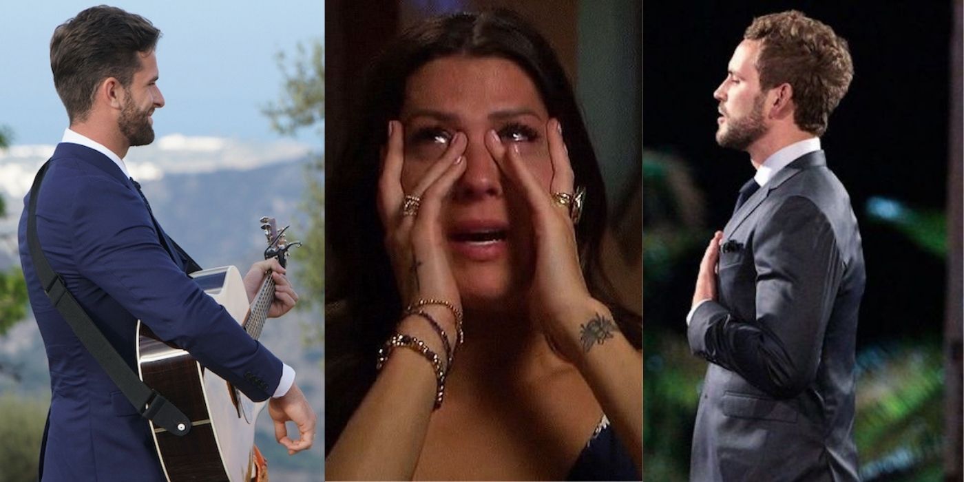 Split image of two contestants in The Bachelorette and a woman crying