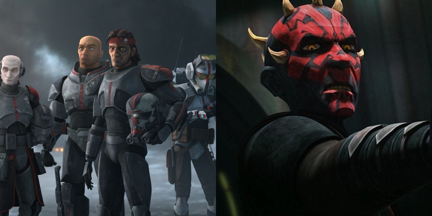 Split image of the Bad Batch clones and a menacing Maul in Clone Wars