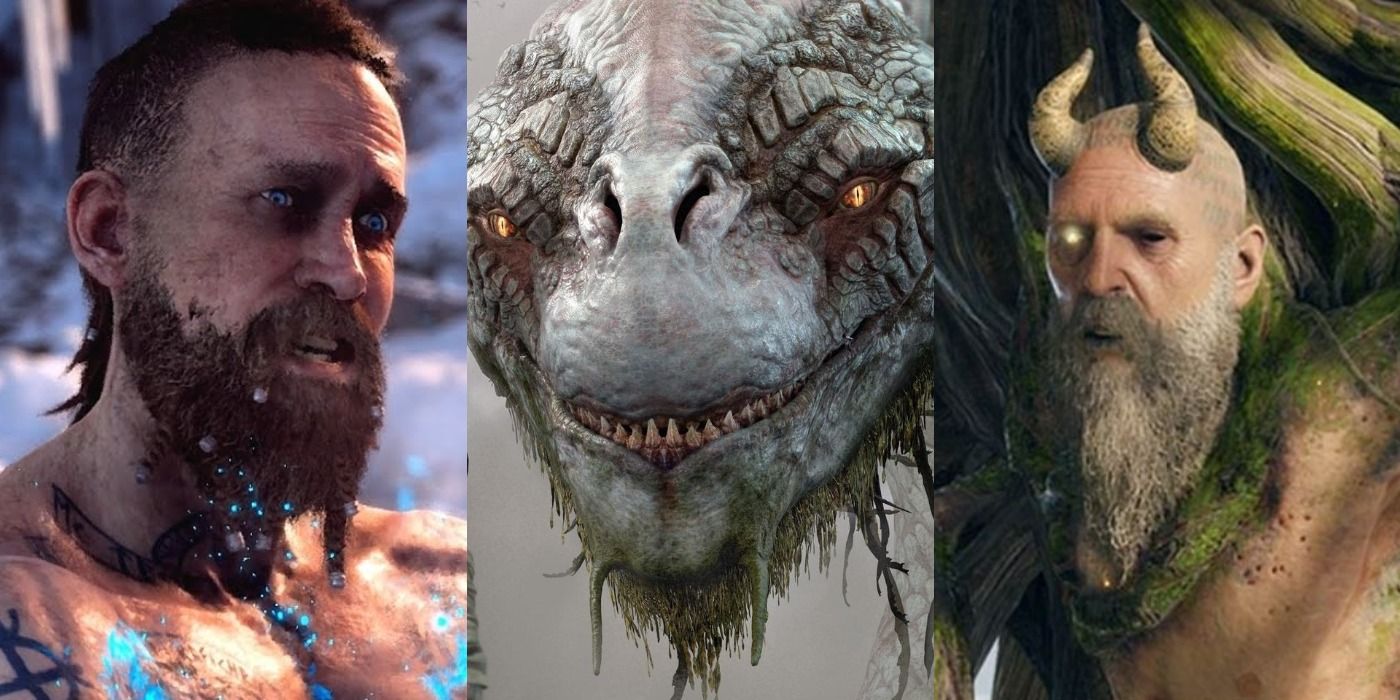 Three images showing a concerned Baldur, a serpent-like Jormungandr, and Mimir in God of War (2018).