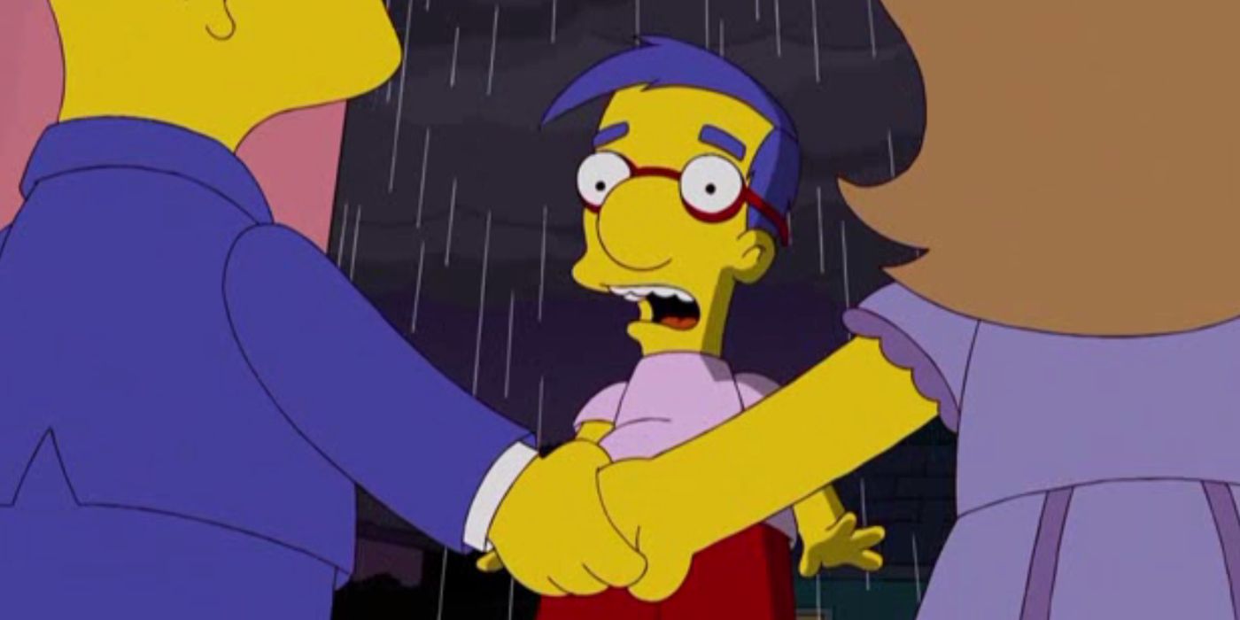 Milhouse gasps as he sees Bart holding Jenny's hand in The Simpsons.