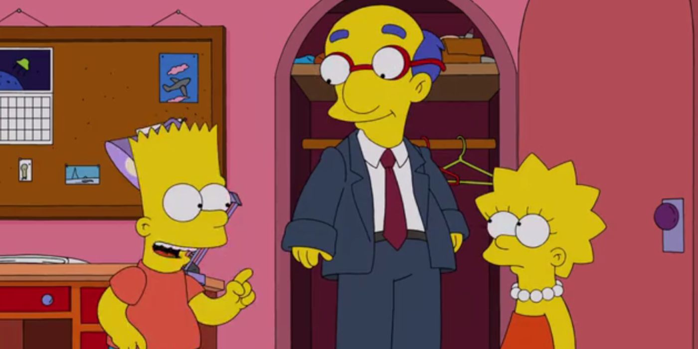 Bart levanta un dedo mientras Milhouse vestido como Kirk y Lisa lo miran en Los Simpson.