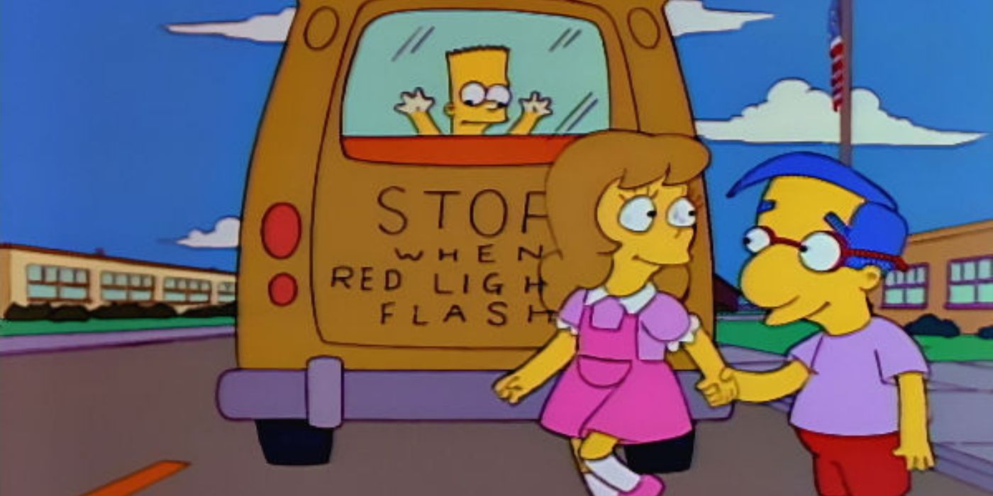 Milhouse holds Samantha's hand as they cross the street while Bart watches from the school bus in The Simpsons.