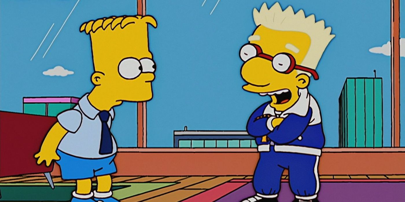 Milhouse sports white spiky hair and a tracksuit as Bart looks at him in The Simpsons.