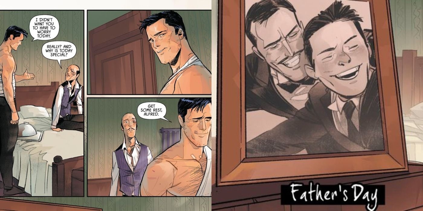 Imagem dividida do conto do Dia dos Pais nos quadrinhos do Batman.
