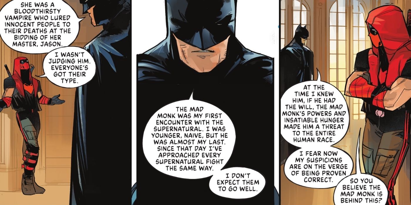 Batman tells the Bat-Family about his encounter with the Mad Monk early in his career