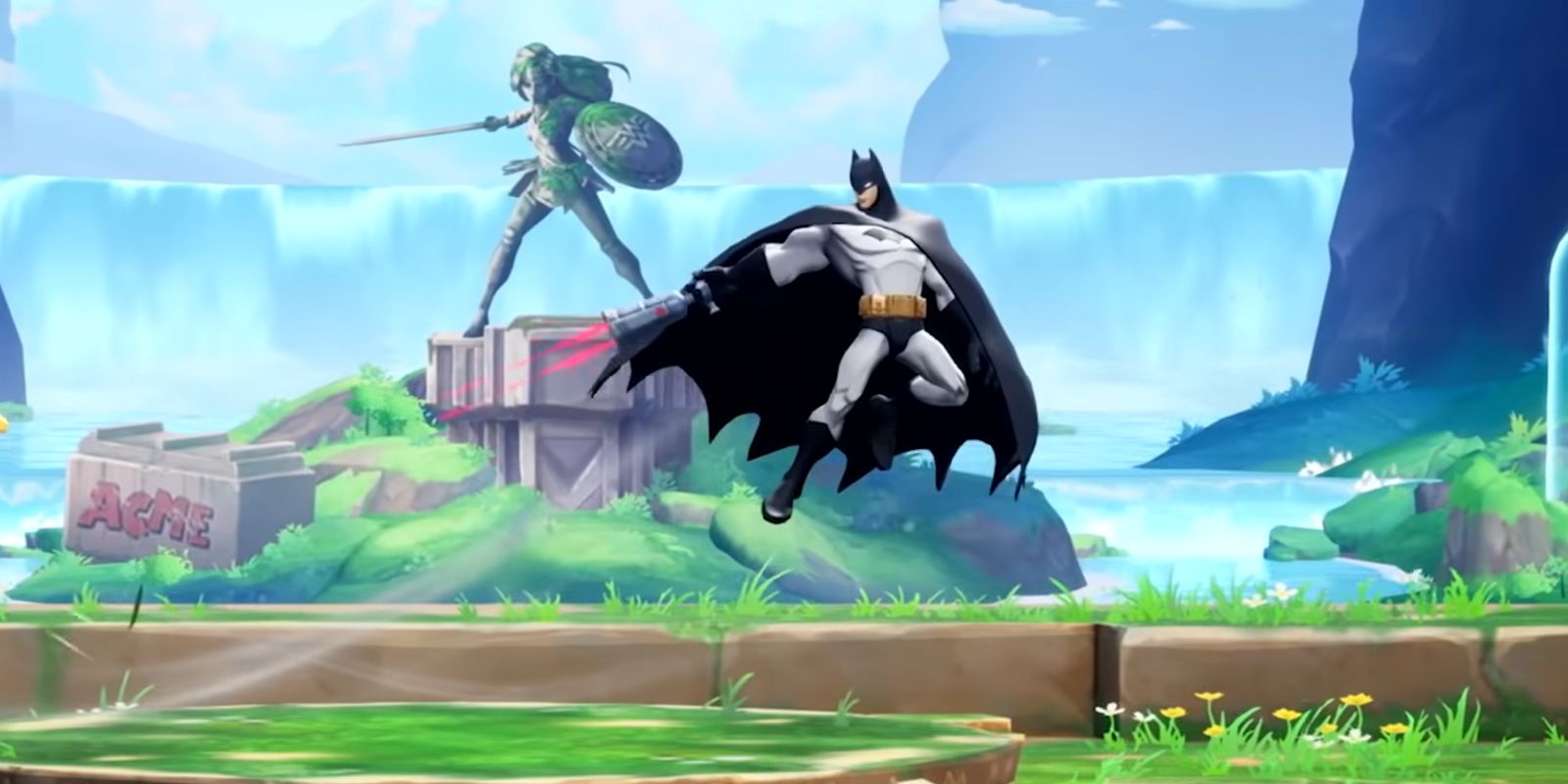 Batman apontando sua arma de grapnel em Themyscira em MultiVersus
