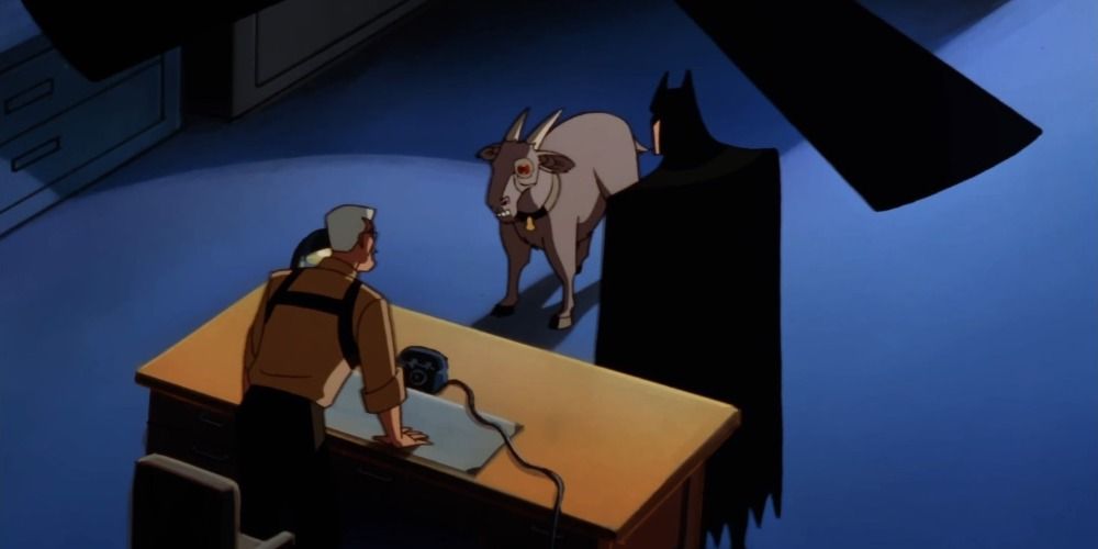 Batman and Gordon stand off against an evil goat in Batman The Animated Series