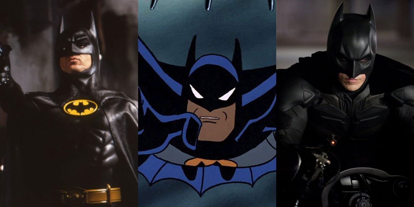 Split image of Batman in the 1989 movie, the animated series and The Dark Knight
