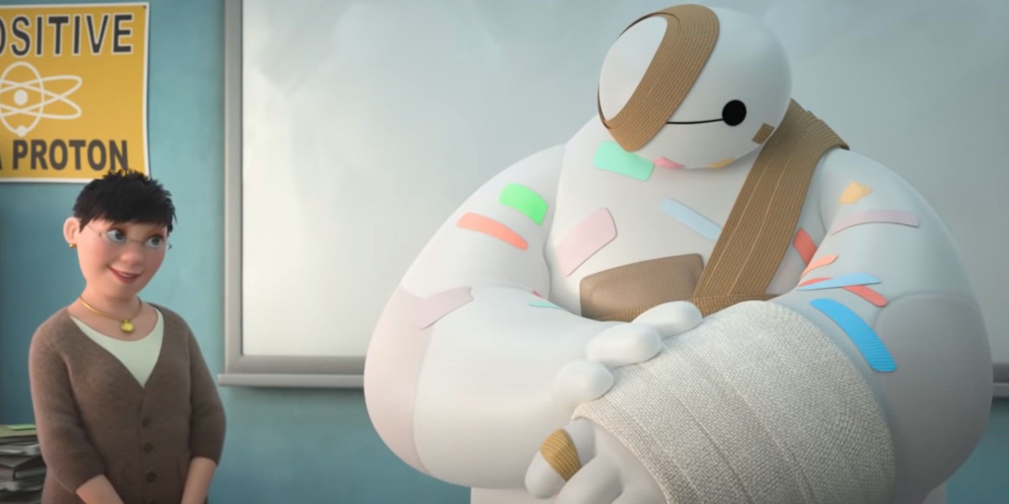 A woman stands next to an injured Baymax in Baymax!