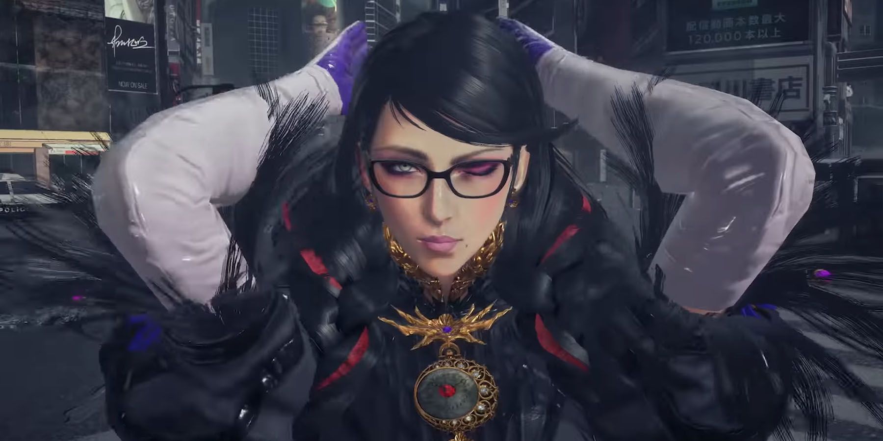 Bayonetta, the Umbra Witch, winks at gamers in Bayonetta 3