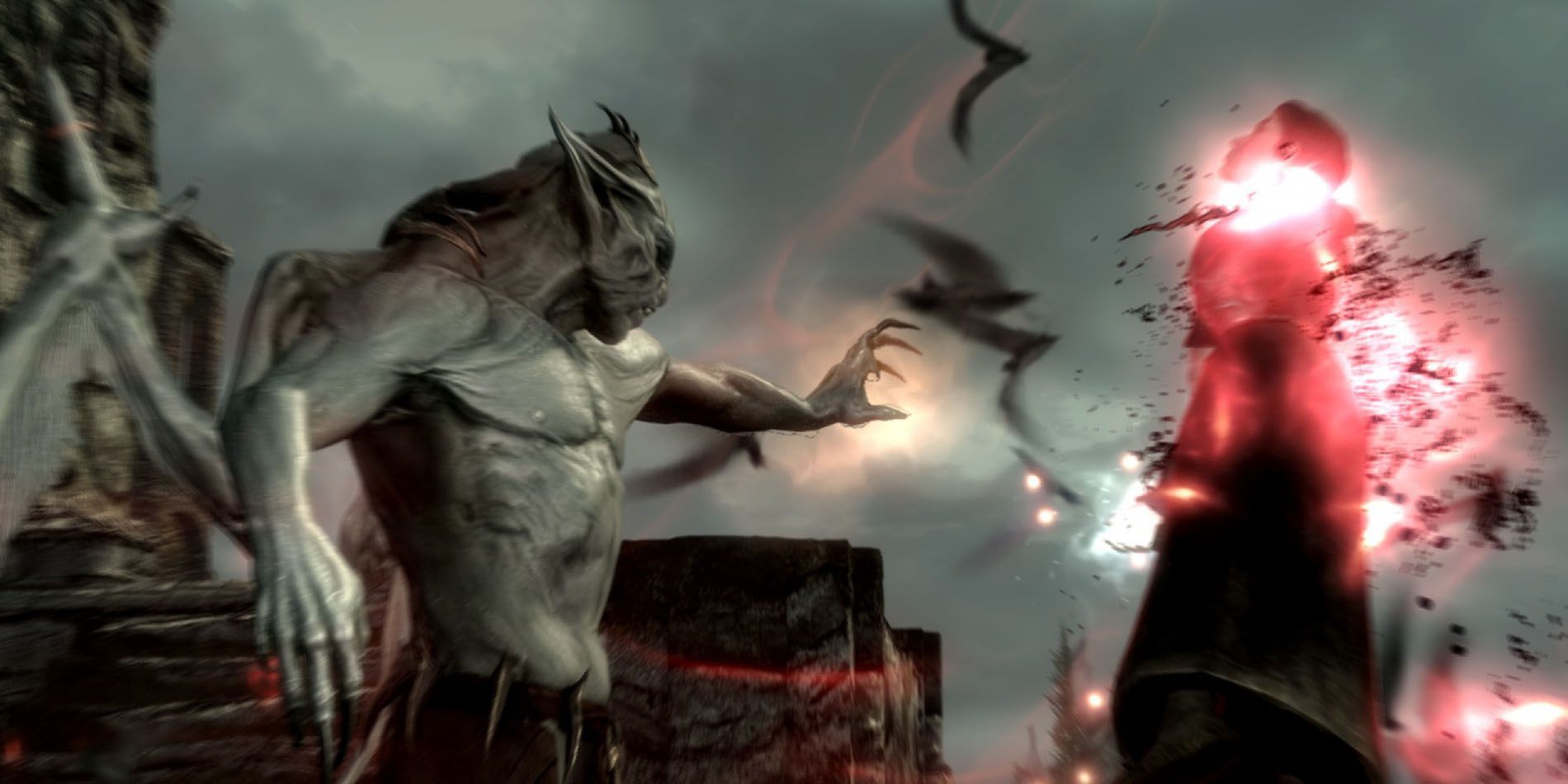 An image of a vampire lord in Skyrim using a magical drain attack on their opponent