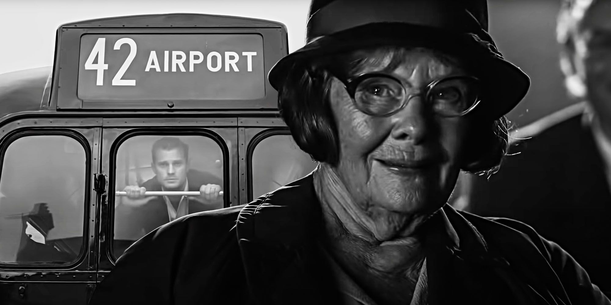 A collage of Jamie Dornan in a bus marked airport and Judi Dench in a hat and glasses in Belfast