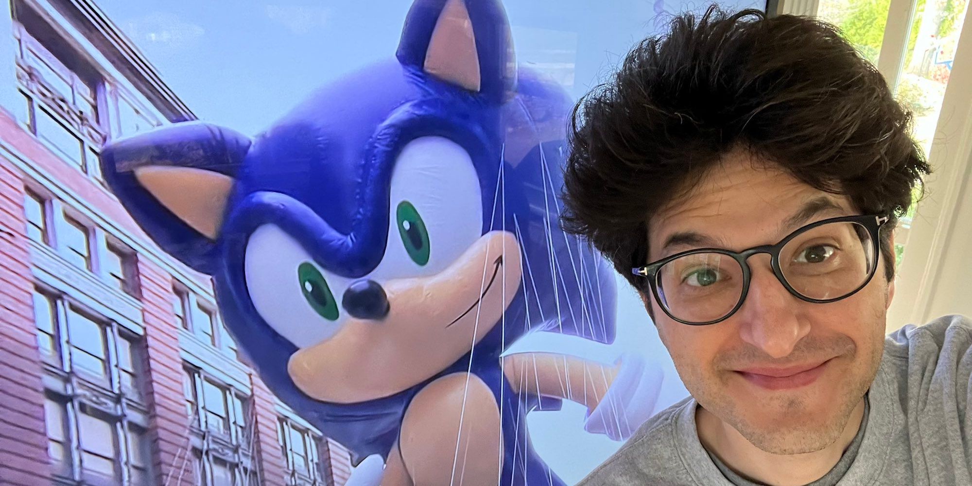 Ben Schwartz with Sonic the Hedgehog at the Macy's Thanksgiving Day Parade